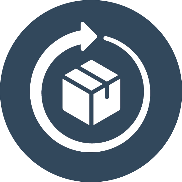 Circular arrow around a shipping box icon, representing VMAX's streamlined factory-direct order processing and packaging.