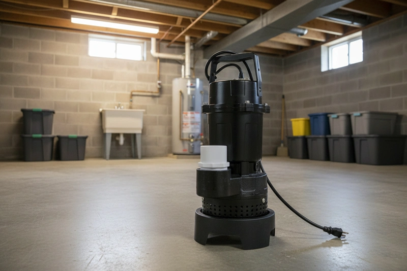 Submersible basement sump pump protected by a heavy-duty VMAX SLR series AGM backup battery for emergency power outages.