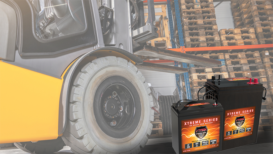 XTR Series deep-cycle AGM battery powering warehouse scissor and electrical lifts