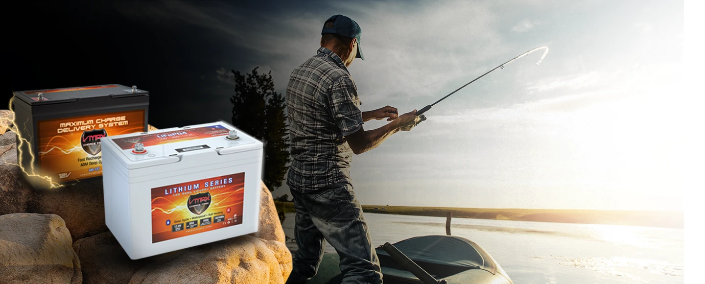 Vmax MR127 12V Agm and marine LiFePO4 lithium trolling motor batteries powering an angler's boat at sunset.