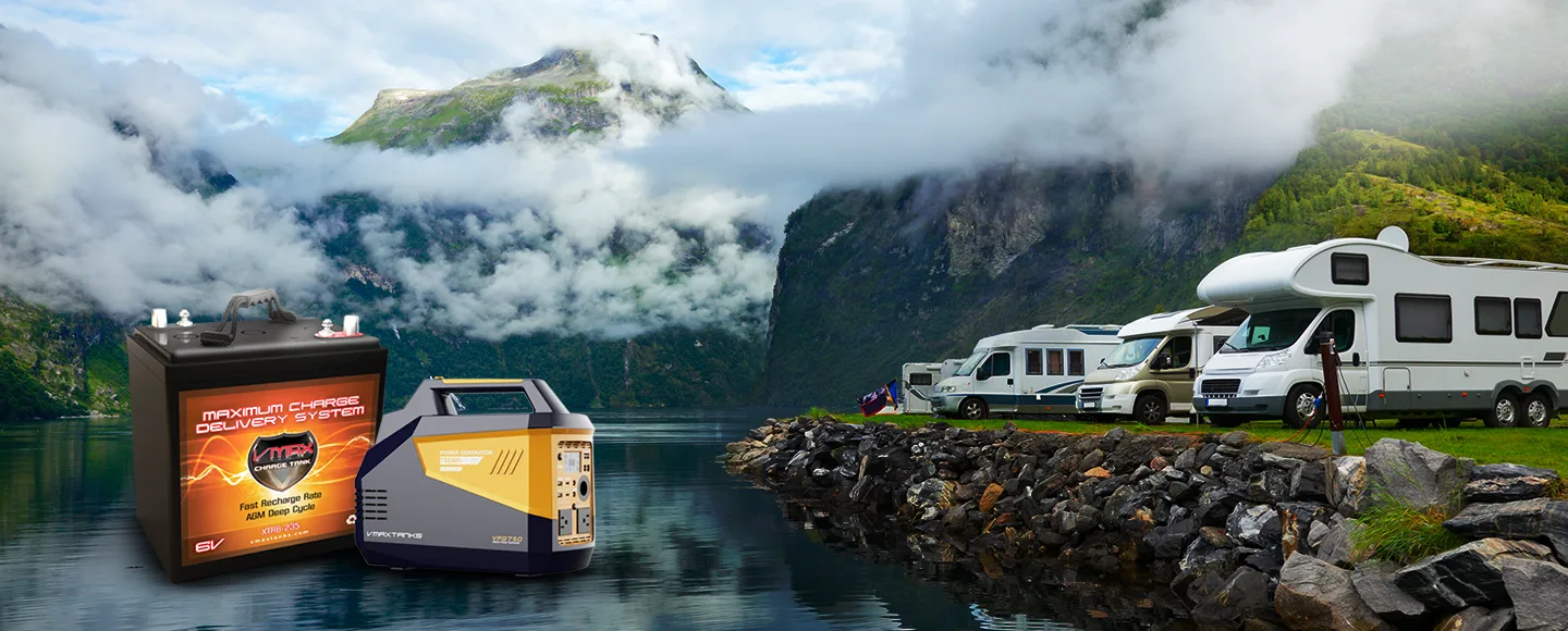 Vmax XTR6-235 6V AGM deep cycle battery and VPG750 portable power station supporting an off-grid RV campsite.